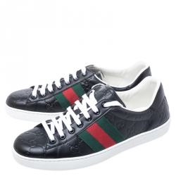 Pre Owned Gucci Black Guccissima Leather Web Detail Lace Up Sneakers Size 41.5