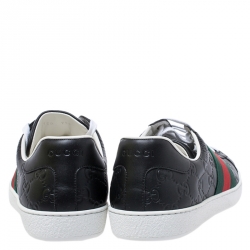 Pre Owned Gucci Black Guccissima Leather Web Detail Lace Up Sneakers Size 41.5