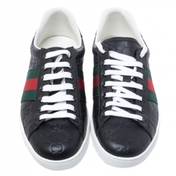 Pre Owned Gucci Black Guccissima Leather Web Detail Lace Up Sneakers Size 41.5