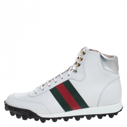 Gucci White Leather And Web Canvas High Top Sneaker Size 41.5
