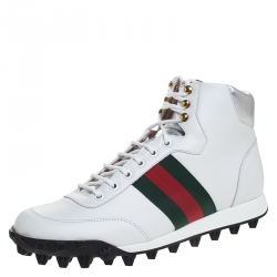Gucci White Leather And Web Canvas High Top Sneaker Size 41.5