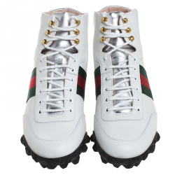Gucci White Leather And Web Canvas High Top Sneaker Size 41.5