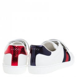 Gucci White Leather Ace Web Low Top Sneakers with Removable Patch Size 44.5 
