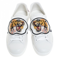 Gucci White Leather Ace Web Low Top Sneakers with Removable Patch Size 44.5 