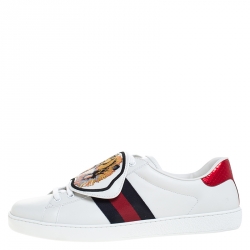 Gucci White Leather Ace Web Low Top Sneakers with Removable Patch Size 44.5 