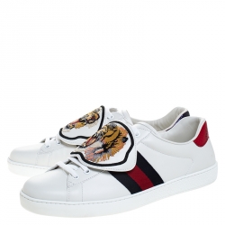 Gucci White Leather Ace Web Low Top Sneakers with Removable Patch Size 44.5 
