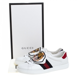 Gucci White Leather Ace Web Low Top Sneakers with Removable Patch Size 44.5 