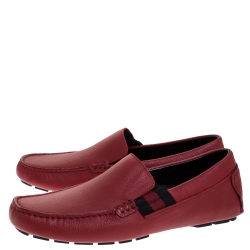 Gucci Red Textured Leather Web Detail New Praga Slip On Loafers Size 40