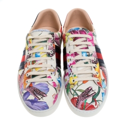 مملوكة مسبقًا Gucci Multicolor Floral Snake Print Leather Ace Sneakers Size 42