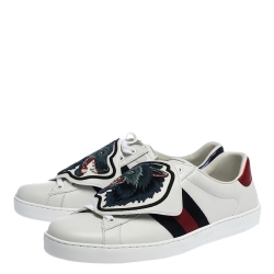 Gucci White Leather Ace Web Low Top Sneakers with Removable Patch Size 41