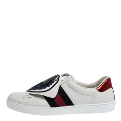 Gucci White Leather Ace Web Low Top Sneakers with Removable Patch Size 41