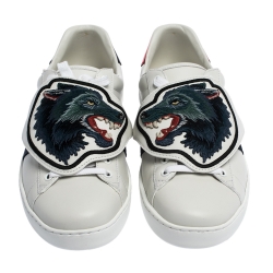 Gucci White Leather Ace Web Low Top Sneakers with Removable Patch Size 41