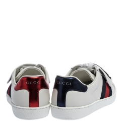 Gucci White Leather Ace Web Low Top Sneakers with Removable Patch Size 41