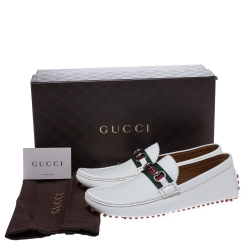 Gucci White Leather Horsebit Web Detail Driver Loafers Size 43