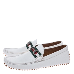 Gucci White Leather Horsebit Web Detail Driver Loafers Size 43