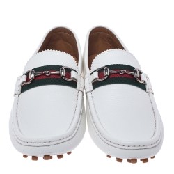 Gucci White Leather Horsebit Web Detail Driver Loafers Size 43