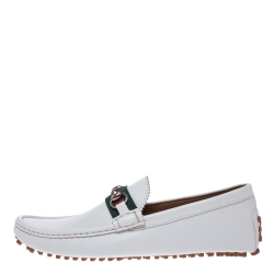 Gucci White Leather Horsebit Web Detail Driver Loafers Size 43
