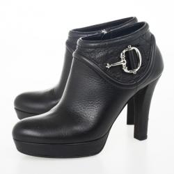 Pre Owned Gucci Black Leather 'Cellarius' Horsebit Detail Ankle Boots Size 38.5
