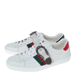 Gucci White Leather And Python Trim Ace Dionysus Buckle Lace Up Sneakers Size 42.5