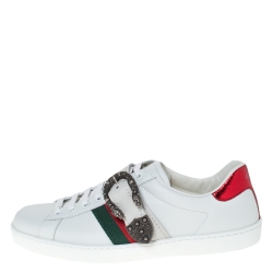 Gucci White Leather And Python Trim Ace Dionysus Buckle Lace Up Sneakers Size 42.5
