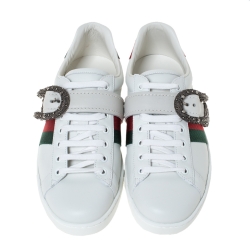 Gucci White Leather And Python Trim Ace Dionysus Buckle Lace Up Sneakers Size 42.5