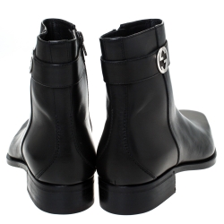 Gucci Black Leather Interlocking GG Ankle Boots Size 39 