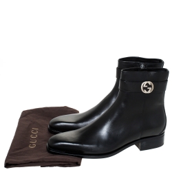 Gucci Black Leather Interlocking GG Ankle Boots Size 39 