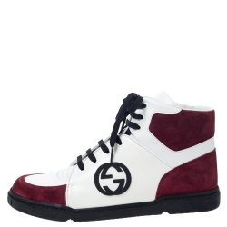 Gucci Burgundy/White GG Interlocking Leather Lace Up High Top Sneakers Size 42