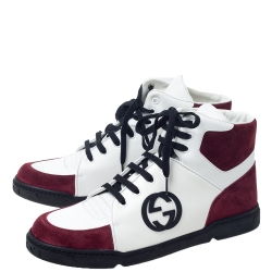 Gucci Burgundy/White GG Interlocking Leather Lace Up High Top Sneakers Size 42