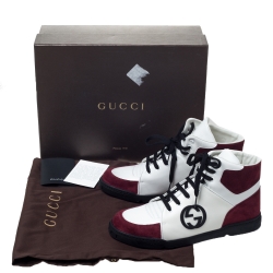 Gucci Burgundy/White GG Interlocking Leather Lace Up High Top Sneakers Size 42