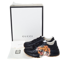 Gucci Black Leather Tiger Print Rhyton Platform Sneakers Size 40