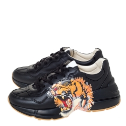 Gucci Black Leather Tiger Print Rhyton Platform Sneakers Size 40
