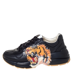 Gucci Black Leather Tiger Print Rhyton Platform Sneakers Size 40