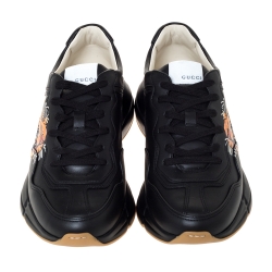 Gucci Black Leather Tiger Print Rhyton Platform Sneakers Size 40