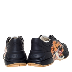 Gucci Black Leather Tiger Print Rhyton Platform Sneakers Size 40