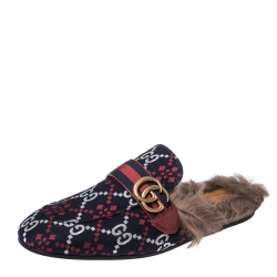 Pre Owned Gucci Blue Diamond Jacquard Fabric And Fur Lined Princetown Mules Sandals Size 42