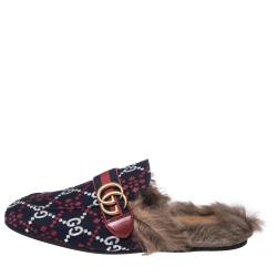 Pre Owned Gucci Blue Diamond Jacquard Fabric And Fur Lined Princetown Mules Sandals Size 42