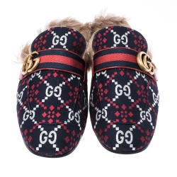 Pre Owned Gucci Blue Diamond Jacquard Fabric And Fur Lined Princetown Mules Sandals Size 42