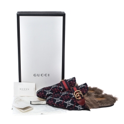 Pre Owned Gucci Blue Diamond Jacquard Fabric And Fur Lined Princetown Mules Sandals Size 42