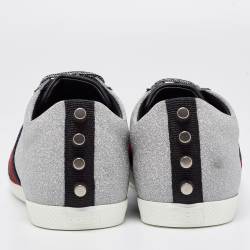 Gucci Metallic Silver Glitter Web Detail Studded Low Top Sneakers Size 41