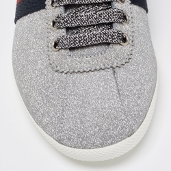 Gucci Metallic Silver Glitter Web Detail Studded Low Top Sneakers Size 41
