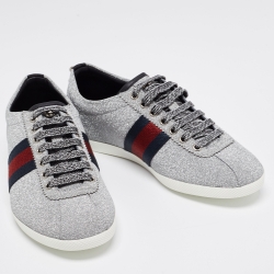 Gucci Metallic Silver Glitter Web Detail Studded Low Top Sneakers Size 41