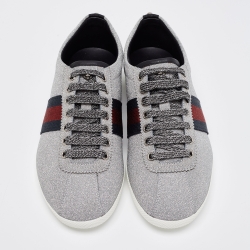 Gucci Metallic Silver Glitter Web Detail Studded Low Top Sneakers Size 41