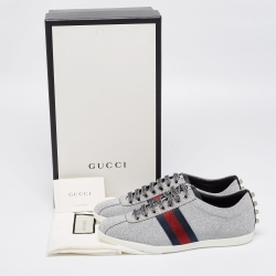 Gucci Metallic Silver Glitter Web Detail Studded Low Top Sneakers Size 41