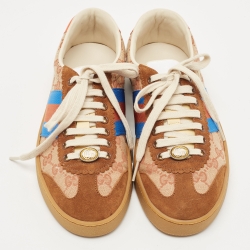 Gucci Brown/Beige GG Canvas and Suede Web G74 Sneakers Size 39.5 