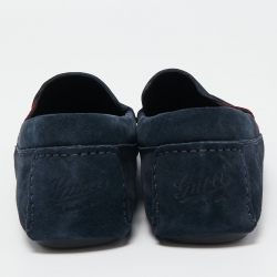 Pre Owned Gucci Dark Blue Suede Web Detail Loafers Size 41.5