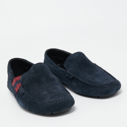 Pre Owned Gucci Dark Blue Suede Web Detail Loafers Size 41.5