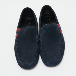 Pre Owned Gucci Dark Blue Suede Web Detail Loafers Size 41.5