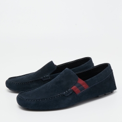Pre Owned Gucci Dark Blue Suede Web Detail Loafers Size 41.5