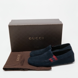 Pre Owned Gucci Dark Blue Suede Web Detail Loafers Size 41.5